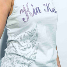 Load image into Gallery viewer, Women&#39;s baby blue cotton singlet with appliqué logo and side print. www.kiakaha.co.nz
