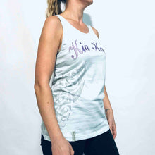 Load image into Gallery viewer, Women&#39;s baby blue cotton singlet with appliqué logo and side print. www.kiakaha.co.nz

